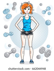 Young beautiful red-haired sporty woman standing on simple background with dumbbells and barbells. Vector character wearing shorts and T-shirt. Sport and fitness theme.
