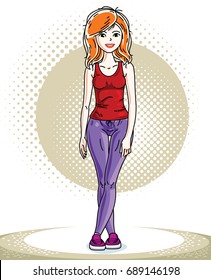 Young beautiful red-haired sporty woman standing. Vector character wearing leggings and T-shirt. Sport and fitness theme.