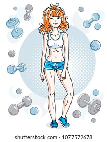 Young beautiful redhead athletic woman posing on simple background with dumbbells and barbells. Vector illustration of attractive female.  Active and healthy lifestyle theme cartoon.