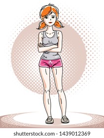 Young beautiful redhead athletic woman posing. Vector illustration of attractive female wearing pink shorts.  Active and healthy lifestyle theme cartoon.