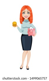 Young beautiful redhead business woman holding bitcoins and piggy bank. Cute businesswoman cartoon character. Vector illustration on white background
