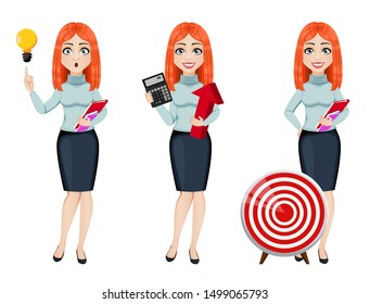 Young beautiful redhead business woman, set of three poses. Cute businesswoman cartoon character has a good idea, holds calculator and stands near target. Vector illustration