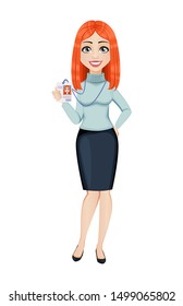 Young beautiful redhead business woman holding badge. Cute businesswoman cartoon character. Vector illustration on white background