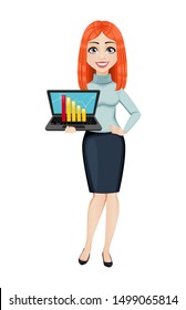 Young beautiful redhead business woman holding laptop. Cute businesswoman cartoon character. Vector illustration on white background