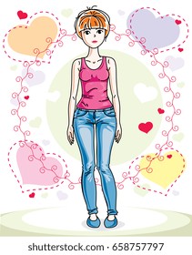 Young beautiful redhead woman posing on bright background with loving hearts and wearing casual clothes. Vector attractive female illustration. Valentine day theme cartoon.