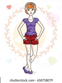 Young beautiful redhead woman posing on bright background with loving hearts and wearing casual clothes. Vector attractive female illustration. Valentine day theme cartoon.