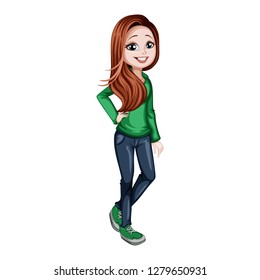 Young Beautiful Redhead Woman in Stylish Clothes Cartoon Illustration. Girl Wearing Green T-shirt and Jeans 
