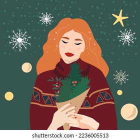 A young beautiful redhead woman in a warm cosy sweater holds a bouquet of spruce branches. New Year's bouquet for New Year's Eve or Christmas. Winter Christmas vector illustration. New Year's decor