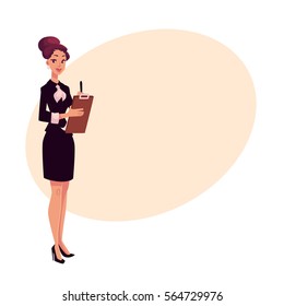 Young beautiful restaurant, cafe female manager in black dress meeting guests, cartoon vector illustration on background with place for text. Full length portrait of restaurant manager with a tablet
