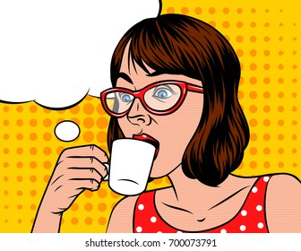 Young beautiful in retro style woman  with cup of coffee. Girl  in glasses of the European type with speech bubble on background of pop art style