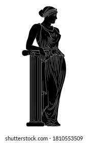 A young beautiful slender ancient Greek woman in a tunic stands near a marble column and looks away.