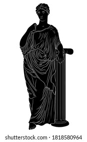 A young beautiful slender ancient Greek woman in a tunic stands near a marble column and looks away.