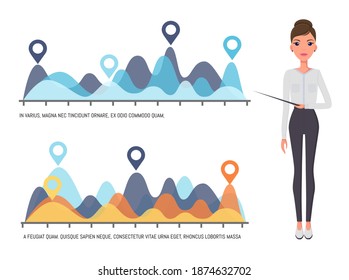 Young beautiful slender businesswoman points to a color wavy graph. Woman in a white blouse, black tight pants and high heels. Demonstration bar graphs and line graphs, business infographics