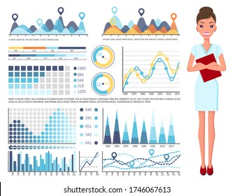 Young beautiful slender businesswoman, secretary or top manager with red folder. Woman in blue strict dress and high heels. Set of colorful diagrams, bar and pie charts. Business infographics