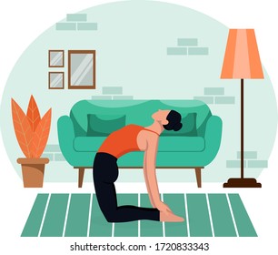 Young beautiful slender girl practices yoga at home in the living room during quarantine. Healthy lifestyle workout slimming relax and relax relaxation. Flat style. Vector stock color illustration.