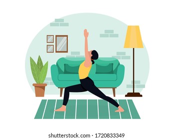 Young beautiful slender girl practices yoga at home in the living room during quarantine. Healthy lifestyle workout slimming relax and relax relaxation. Flat style. Vector stock color illustration.