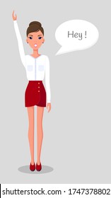 Young beautiful slender woman stands with her straight hand raised up. Girl in red short skirt and white blouse. A woman shouts "Hey!" Presentation of a young female, student or businesswoman