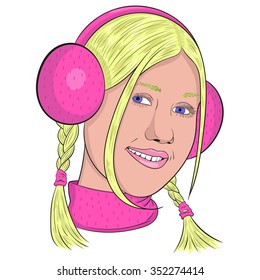 young beautiful smiling blonde girl in pink headphones. vector.