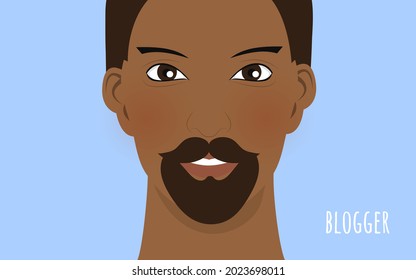 Young beautiful smiling dark skin man portrait. Text Blogger. On a blue background.