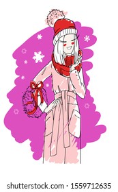 Young beautiful smiling girl model, in a coat, with a Christmas wreath in hand, on a bright pink background with snowflakes, Christmas fashion illustration, for congratulations, in vector