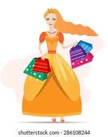 Young, beautiful, smiling, isolated, standing woman, princess with long, orange hair in colorful dress, golden crown, many shopping bags, white background