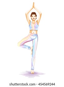 The young beautiful sports girl does yoga exercise for improvement of balance. Themes are harmony and sport. Watercolor vector hand illustration in pastel tones