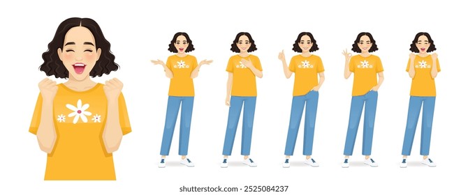 Joven hermosa estudiante mujer emociones positivas y diferentes gestos. Conjunto de Ilustración vectorial aislado