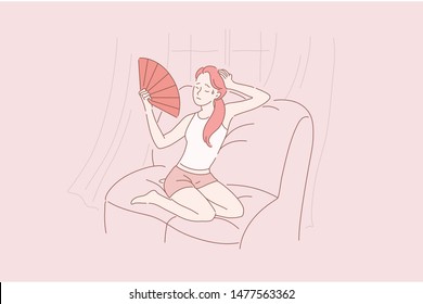 Young beautiful, sweet girl or woman with closed eyes sitting on the couch at home very hot, stuffy, uncomfortable. The air conditioning s broken. Simple flat vector.