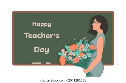 Young beautiful teacher smiles and holds a large bouquet of flowers in her hands. School board with the inscription: Happy Teachers Day. Vector illustration, flat cartoon design, isolated.