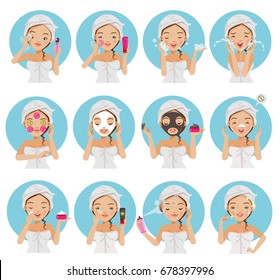 Young beautiful teenage girl touching her face, enjoying her clean skin.Girl cleaning and care her face with various actions,facial, healthy,Pretty woman touching her cheek and smiling  vector set .