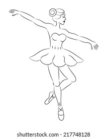 Young beautiful tiptoe dancer posing on a studio background. elegant dance pose ballerina on toes - black outline graphic design. vector art image illustration, isolated on white background eps10
