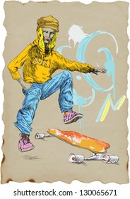 Young beautiful and tough girl jumps on her skateboard. /// A hand drawn illustration converted into vector. Vector description: No more than 16 colors in each layer - editable in 6 layers.