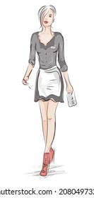 A young beautiful waitress comes with a bill and a pen in her hands. Vector illustration isolated on a white background.