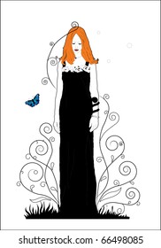 Young, beautiful witch in black dress - drawing