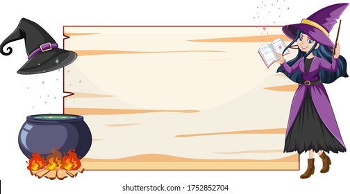 Young beautiful witch with black magic pot and magic hat and blank banner paper cartoon style isolated on white background illustration