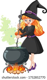 Young beautiful witch with black magic pot cartoon style isolated on white background illustration