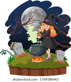 Young beautiful witch with black magic pot cartoon style isolated on white background illustration