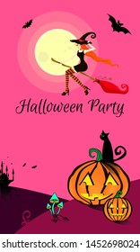 Young beautiful witch in a black tight dress, hat and stockings flies on a broomstick for a Halloween party. A black cat is sitting on a pumpkin, glowing mushrooms are growing nearby. 