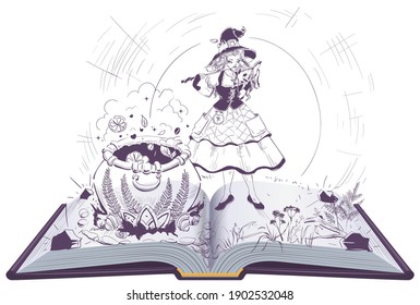 Young beautiful witch brews magic potion. Open book illustration fairy tale. Vector isolated on white