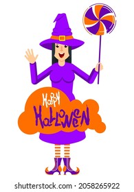 Young beautiful witch with a bright huge candy. Halloween character. Flan vector illustration.