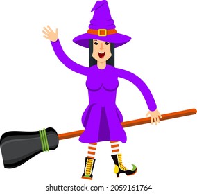 Young beautiful witch with a broom. Halloween character. Flan vector illustration.