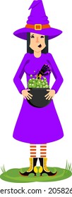 Young beautiful witch with cauldron of potion. Halloween character. Flan vector illustration.