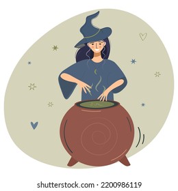 Una joven bruja hermosa evoca un caldero con una poción. Alquimia de brujas. Una caricatura de una hechicera. Halloween brujería de vacaciones ilustración plana vectorial aislada en fondo oscuro