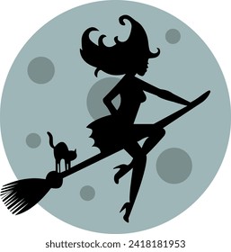 A young beautiful witch flies to a coven on a broomstick with a cat at night with moonlight in the background