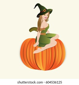 A young beautiful witch in a hat and short dress is sitting on a large orange pumpkin. Trendy style. Can be used in the newsletter, brochures, postcards, tickets, advertisements, banner.