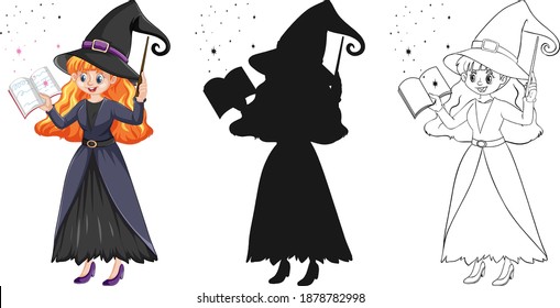 Young beautiful witch holding magic wand and book in color and outline and silhouette isolated on white background illustration