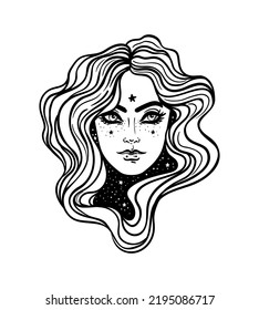 Joven bruja hermosa.  Carácter místico. Alquimia, espiritualidad, ocultismo, arte tatuado. Ilustración vectorial aislada en blanco y negro. Concepto de Halloween. Mujer Wiccan. 