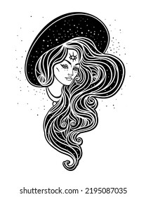 Young beautiful witch.  Mystic character. Alchemy, spirituality, occultism, tattoo art. Isolated black and white vector illustration. Halloween concept. Wiccan woman. 