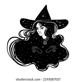 Young beautiful witch.  Mystic character. Alchemy, spirituality, occultism, tattoo art. Isolated black and white vector illustration. Halloween concept. Wiccan woman. 