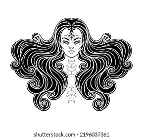 Young beautiful witch.  Mystic character. Alchemy, spirituality, occultism, tattoo art. Isolated black and white vector illustration. Halloween concept. Wiccan woman. 